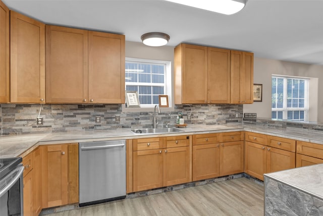 kitchen with decorative backsplash, stainless steel appliances, light hardwood / wood-style floors, and sink