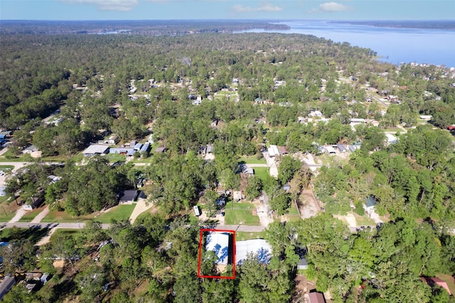 161 Cayman St, Point Blank, TX 77364 - aerial overview of property's location featuring a heavily wooded area, property parcel outlined, and a nearby body of water