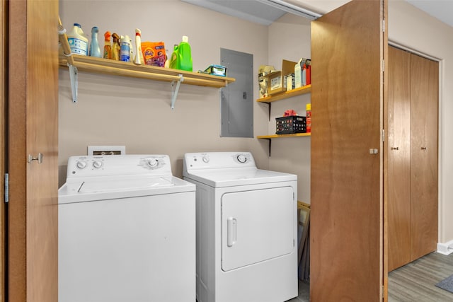 laundry area featuring washer and dryer, electric panel, and light hardwood / wood-style floors