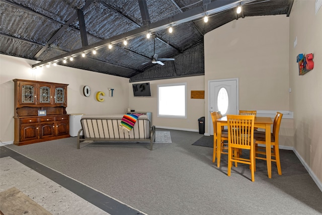 bedroom with carpet flooring and lofted ceiling