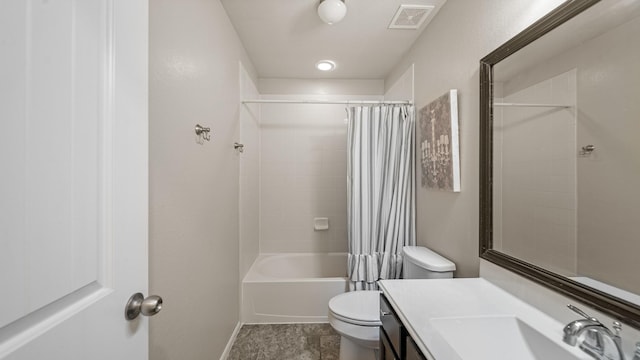 full bathroom with shower / tub combo with curtain, toilet, and vanity