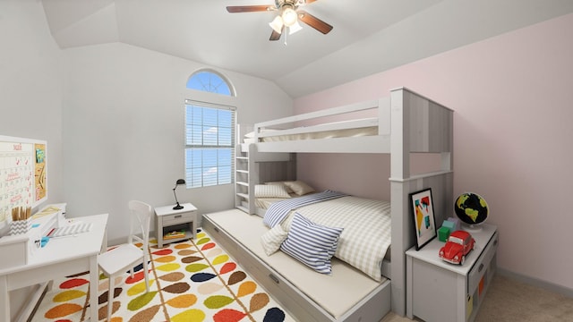 carpeted bedroom with ceiling fan and lofted ceiling