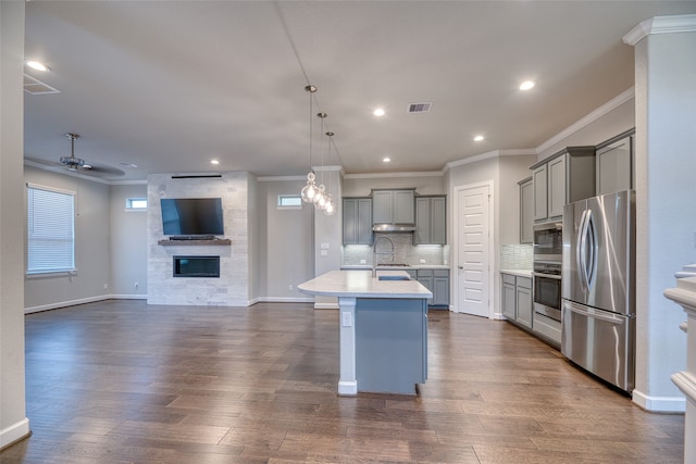 kitchen with gray cabinetry, appliances with stainless steel finishes, dark hardwood / wood-style flooring, and a kitchen island with sink