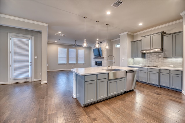 kitchen with sink, pendant lighting, a kitchen island with sink, gray cabinets, and stainless steel appliances