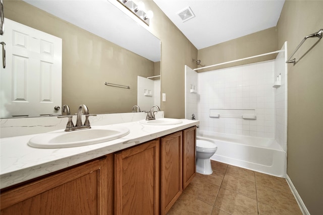 full bathroom with vanity, toilet, shower / bathtub combination, and tile patterned floors