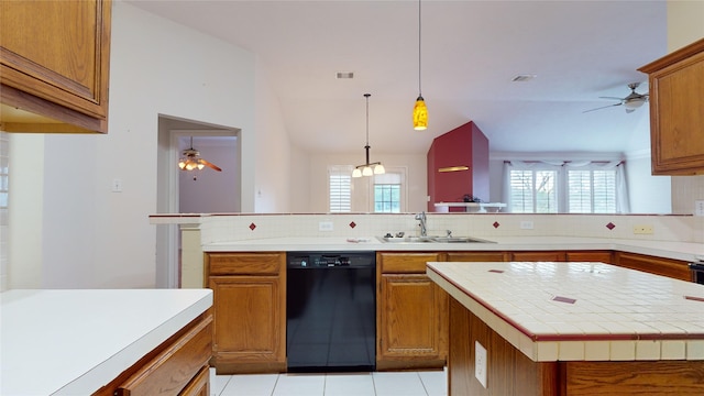 kitchen with dishwasher, ceiling fan, a healthy amount of sunlight, and sink