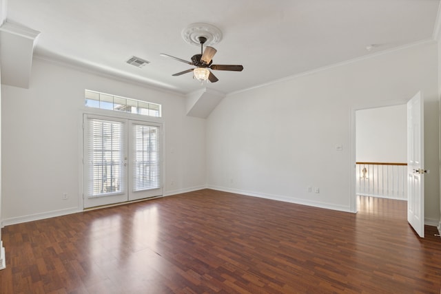 interior space featuring french doors, crown molding, ceiling fan, and dark wood-type flooring