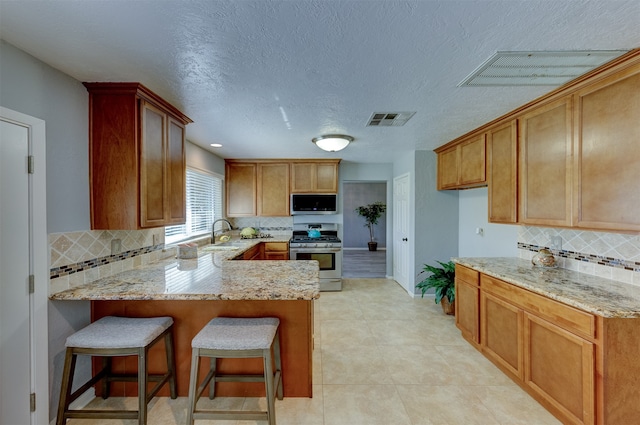 kitchen featuring decorative backsplash, light stone counters, a textured ceiling, and appliances with stainless steel finishes