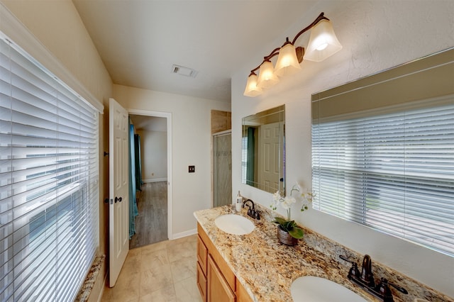 bathroom featuring plenty of natural light, vanity, and a shower with shower door