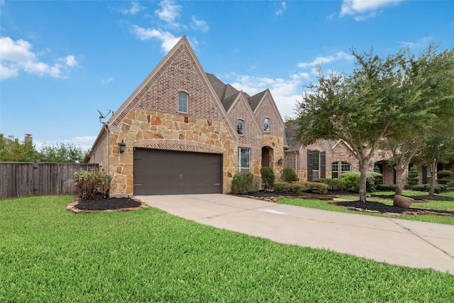 tudor-style house featuring a front yard and a garage