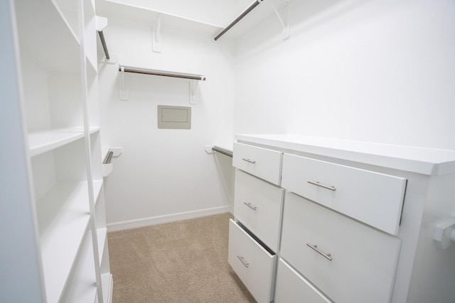 walk in closet featuring light colored carpet