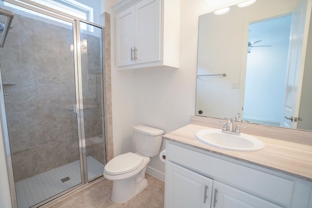 bathroom with tile patterned flooring, vanity, toilet, and a shower with shower door