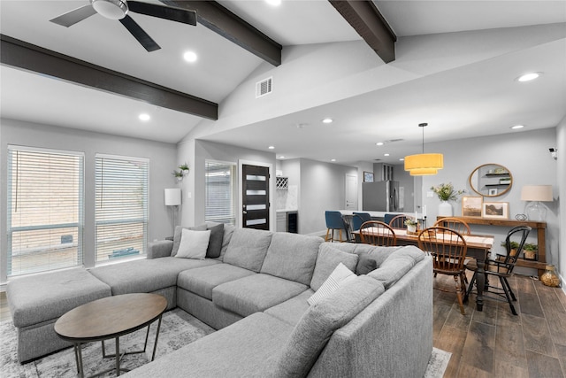 11207 Wood Lodge Dr, Houston, TX 77077 - living room with dark wood finished floors, recessed lighting, and ceiling fan