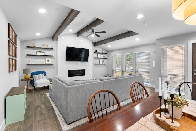 11207 Wood Lodge Dr, Houston, TX 77077 - living room featuring dark wood-style floors, a large fireplace, ceiling fan, recessed lighting, and baseboards