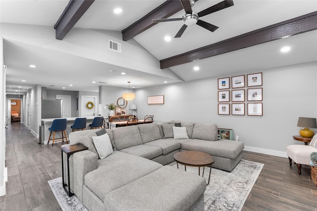 11207 Wood Lodge Dr, Houston, TX 77077 - living area with recessed lighting, a ceiling fan, dark wood-style floors, and baseboards
