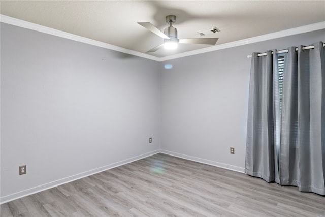 unfurnished room with light wood-type flooring, ceiling fan, and crown molding