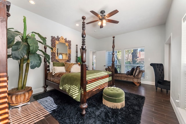 bedroom featuring dark hardwood / wood-style floors and ceiling fan