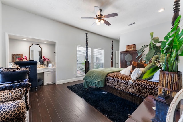 bedroom featuring ceiling fan and dark hardwood / wood-style flooring