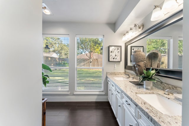 bathroom featuring a wealth of natural light, hardwood / wood-style floors, and vanity