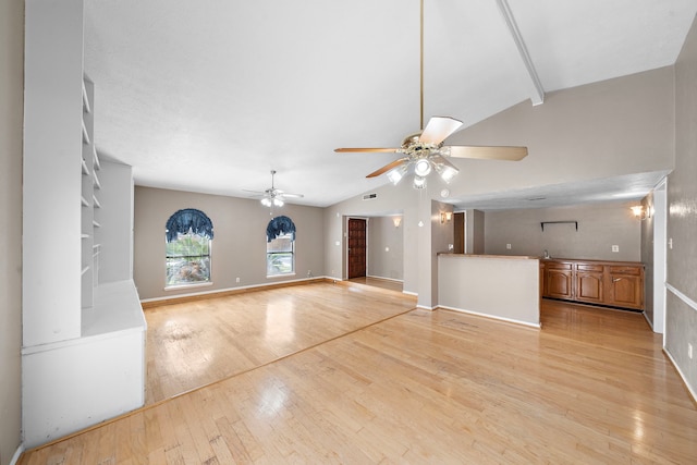 unfurnished living room with vaulted ceiling with beams, light hardwood / wood-style flooring, and ceiling fan