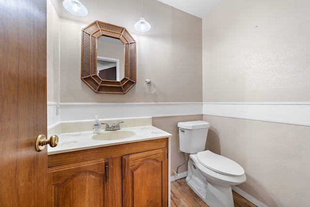 bathroom with wood-type flooring, vanity, and toilet