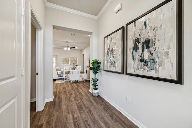 hall featuring ornamental molding and dark wood-type flooring