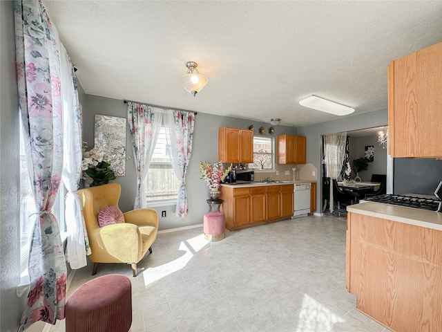 kitchen featuring dishwasher, a textured ceiling, a healthy amount of sunlight, and sink