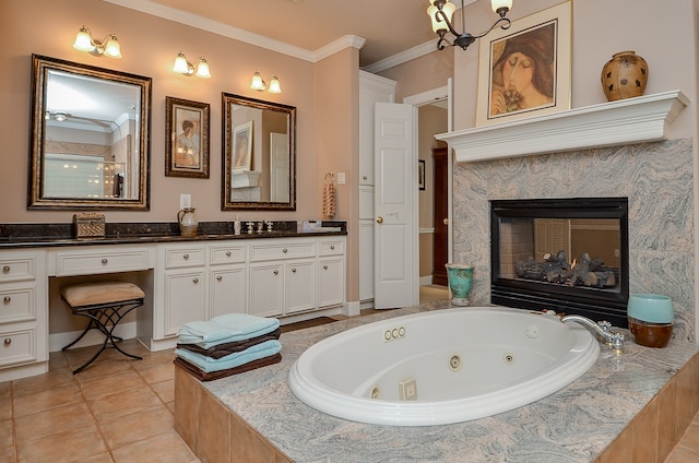 bathroom featuring crown molding, a premium fireplace, vanity, a relaxing tiled tub, and tile patterned floors