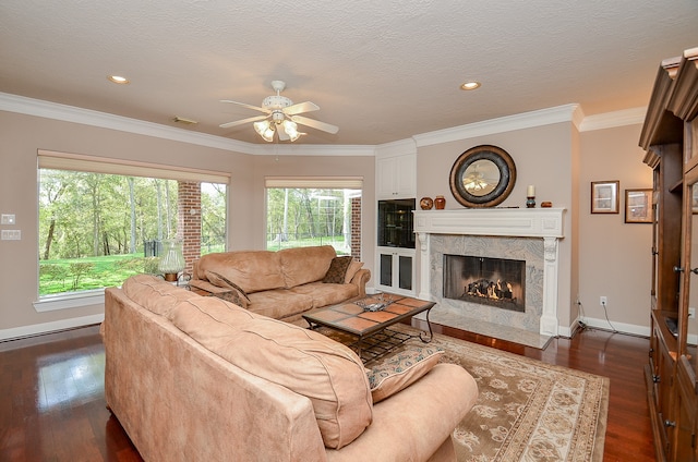 living room with dark hardwood / wood-style flooring, crown molding, a fireplace, and ceiling fan