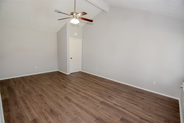 unfurnished room featuring high vaulted ceiling, ceiling fan, dark hardwood / wood-style floors, and beamed ceiling