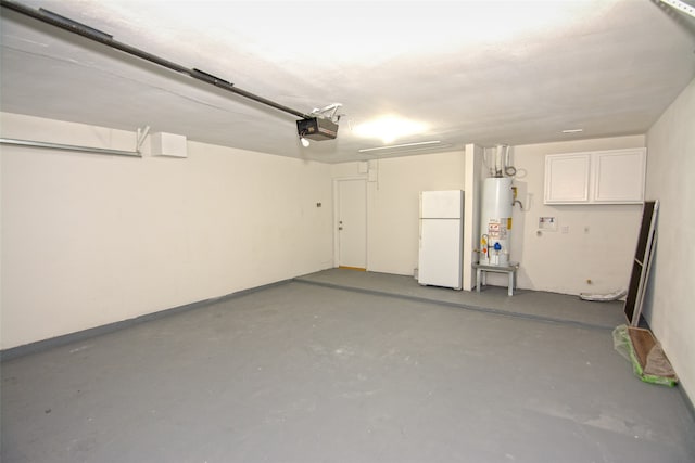 garage featuring white fridge, a garage door opener, and water heater