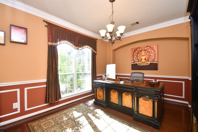 office area with crown molding, dark hardwood / wood-style flooring, and a notable chandelier