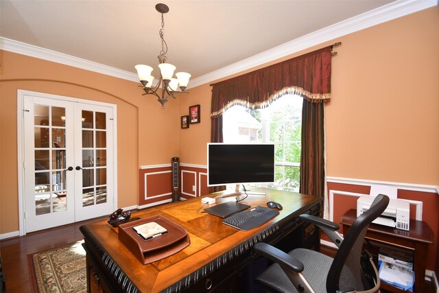 office featuring hardwood / wood-style floors, french doors, a chandelier, and ornamental molding