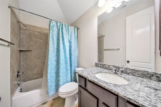 full bathroom featuring vanity, toilet, lofted ceiling, and shower / bathtub combination with curtain