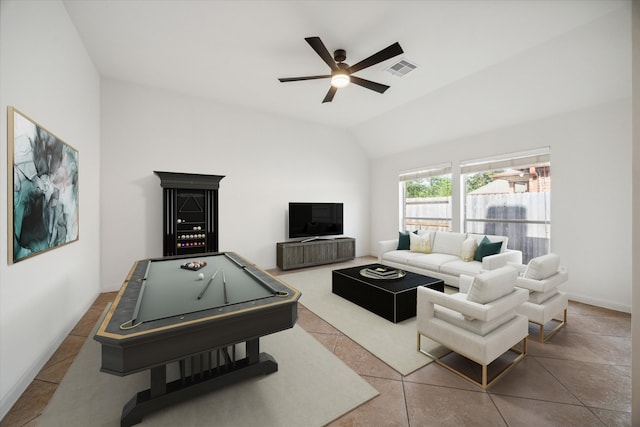 living room with tile patterned floors, ceiling fan, high vaulted ceiling, and billiards