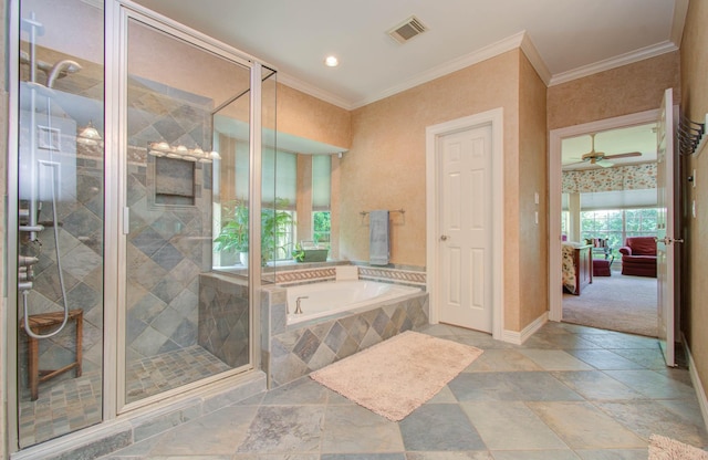 bathroom with ceiling fan, ornamental molding, and shower with separate bathtub