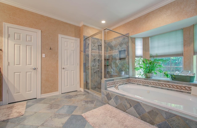 bathroom featuring crown molding and shower with separate bathtub