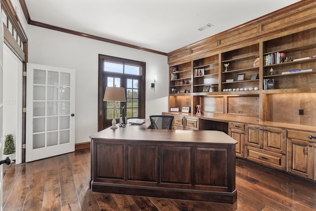 office space with ornamental molding, dark wood-type flooring, and french doors