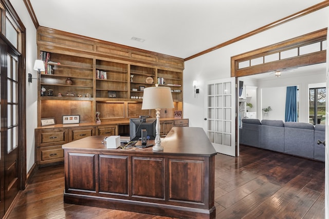 office space featuring crown molding, dark hardwood / wood-style flooring, and french doors