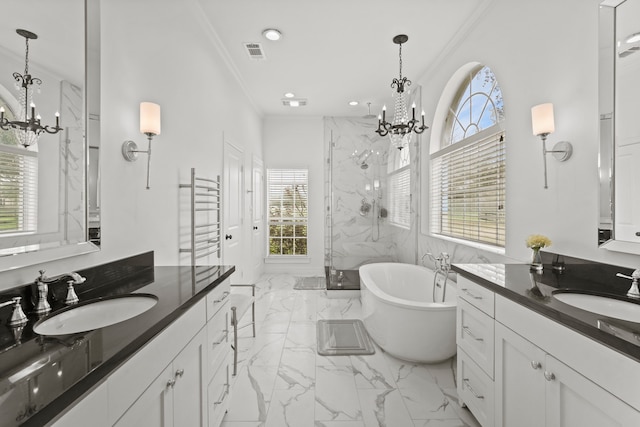 bathroom featuring vanity, independent shower and bath, ornamental molding, and a healthy amount of sunlight