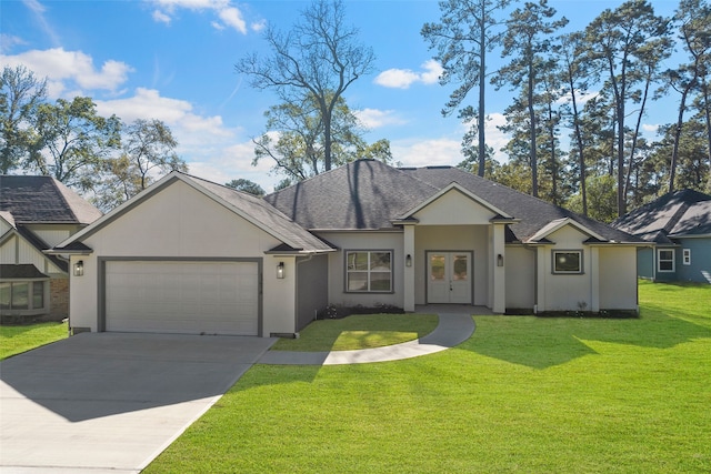 ranch-style home featuring french doors, a garage, and a front lawn