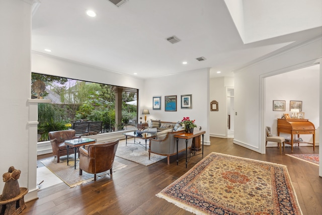 living room featuring crown molding and dark wood-type flooring