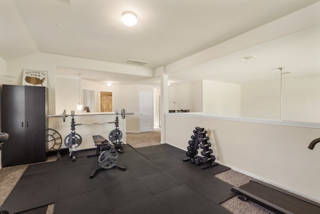 workout room featuring lofted ceiling