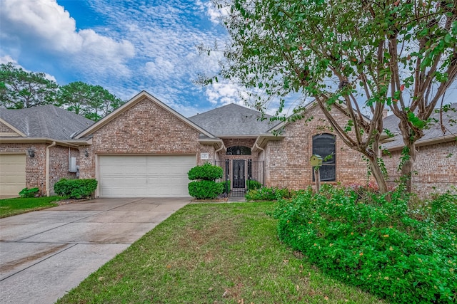 view of front of property featuring a front yard and a garage