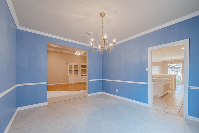 unfurnished room featuring a notable chandelier, light tile patterned flooring, and crown molding