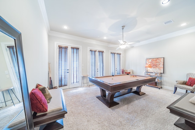 rec room with carpet flooring, ceiling fan, ornamental molding, and pool table