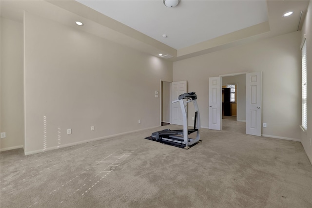 19815 Stanton Lake Dr, Cypress, TX 77433 - workout area featuring light carpet, recessed lighting, baseboards, and a towering ceiling