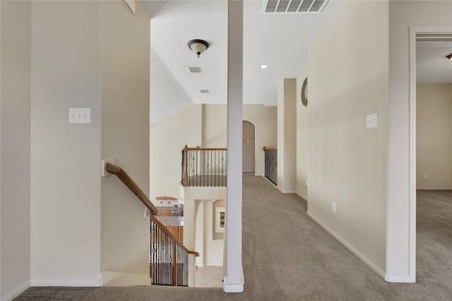 19815 Stanton Lake Dr, Cypress, TX 77433 - stairs featuring arched walkways, carpet, and baseboards