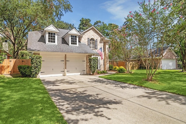 view of front of home with a front yard and a garage