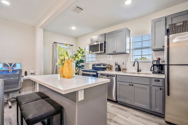 kitchen with a kitchen bar, decorative backsplash, light wood-type flooring, stainless steel appliances, and sink